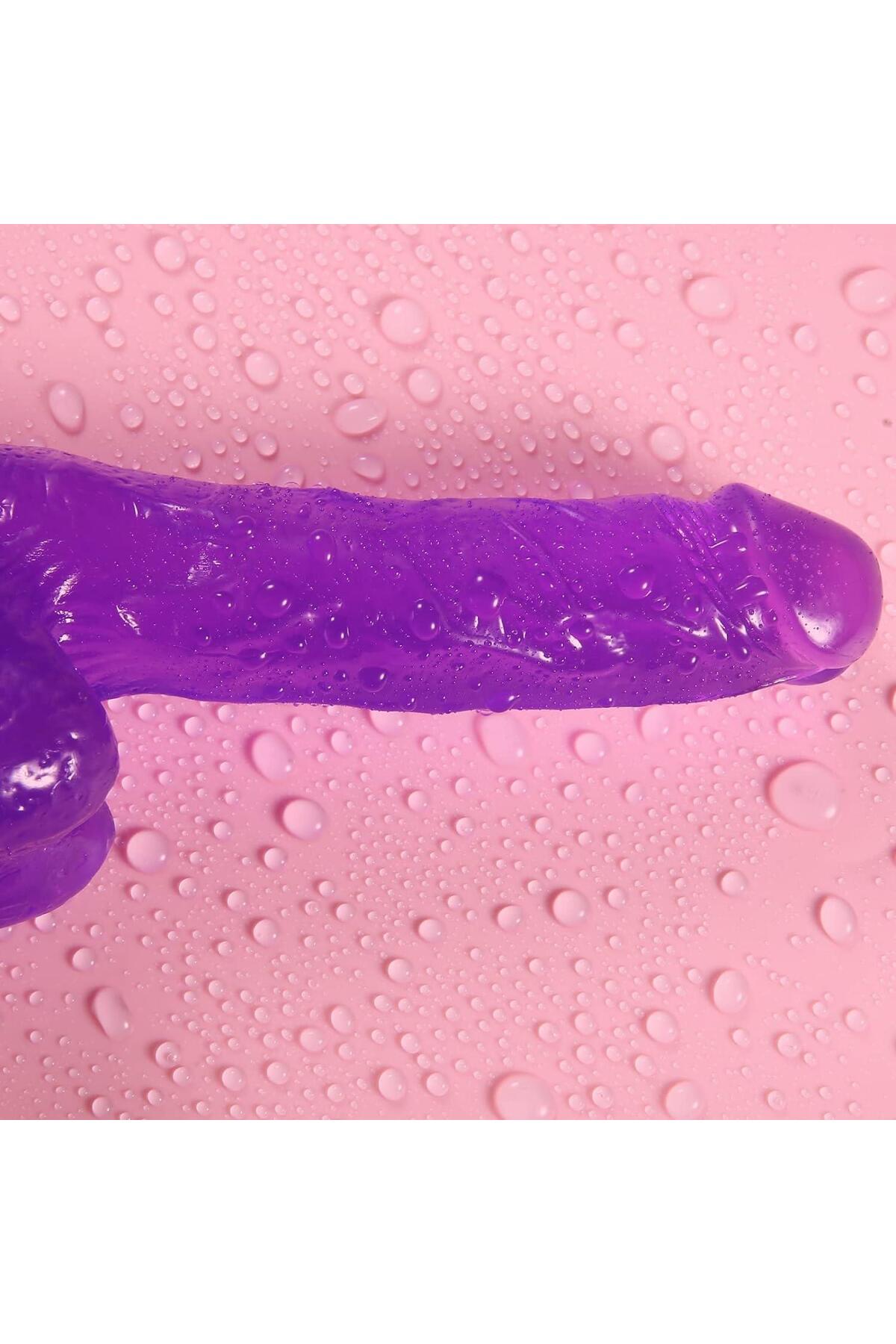 Mor Gerçekçi Yumuşak Esnek Jel Dokuda 18 cm Penis Vajina Anal Kullanılabilen Güçlü Vantuzlu Dildo 4
