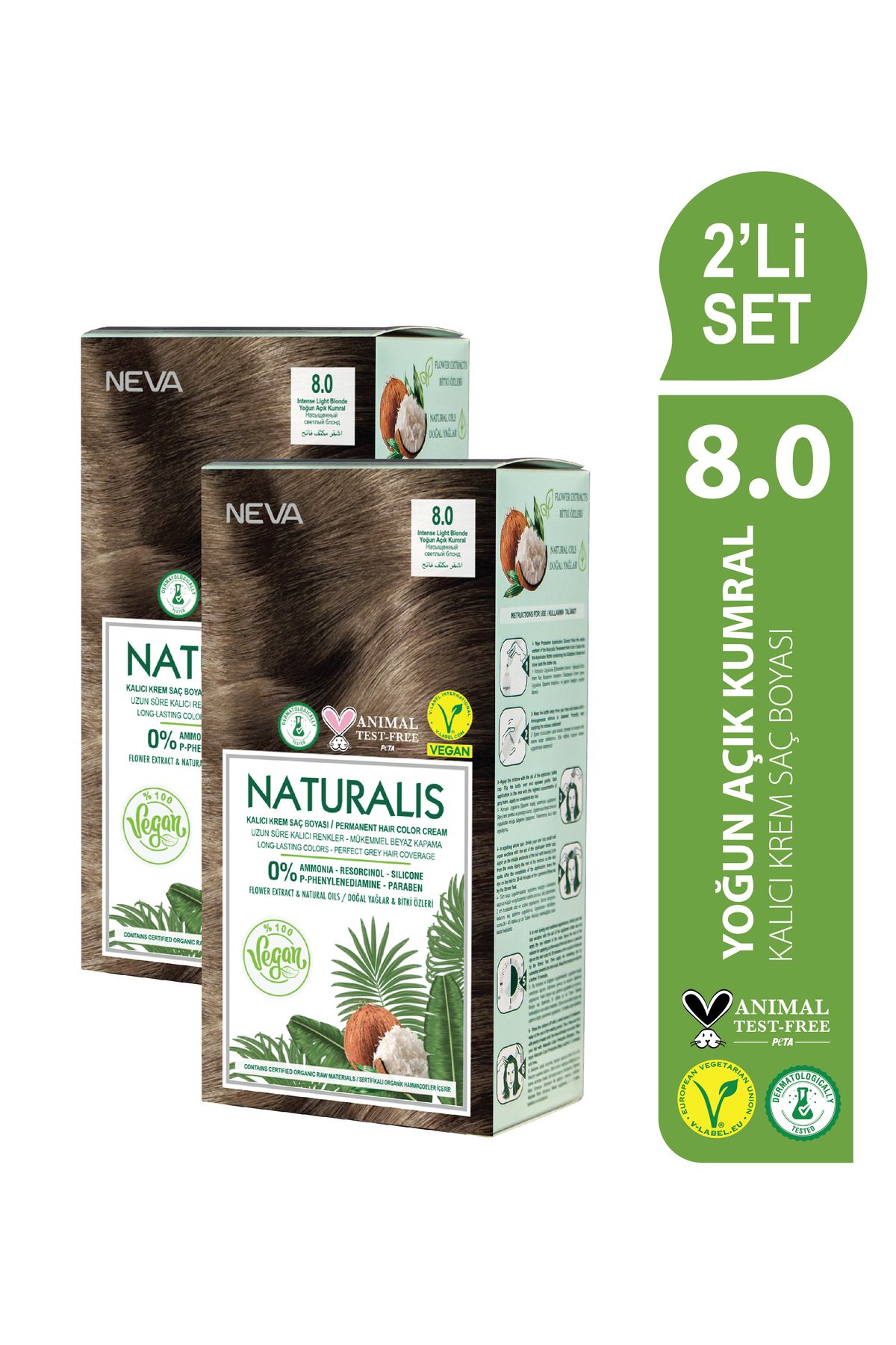 NEVA NATURALIS Набор из 2 шт. 8.0 Набор перманентных крем-красок для волос Intense Light Auburn Vegan OTR062 NATURALIS 8.0