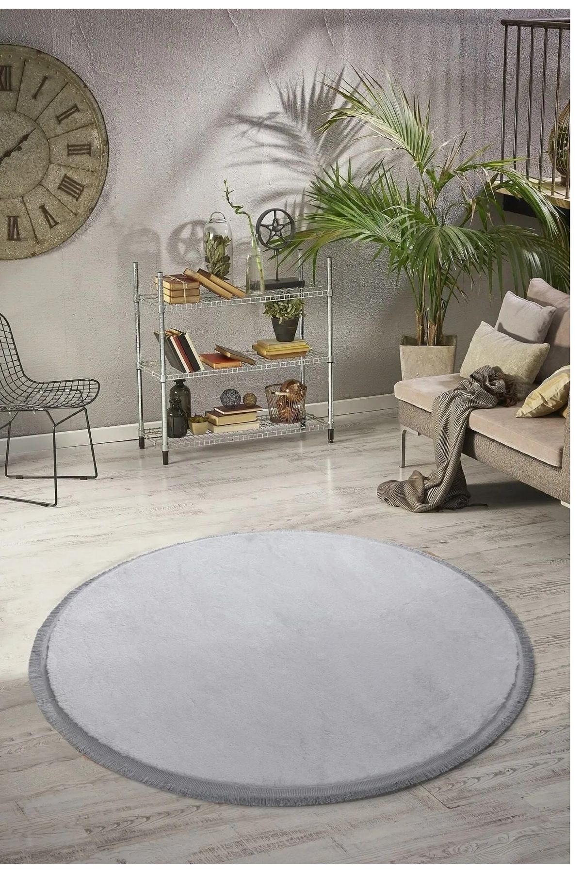 Guaj Home-Round Puffy Plush Mat, Plain Fringed Non-Slip Base Carpet 7 Colors Gj 3