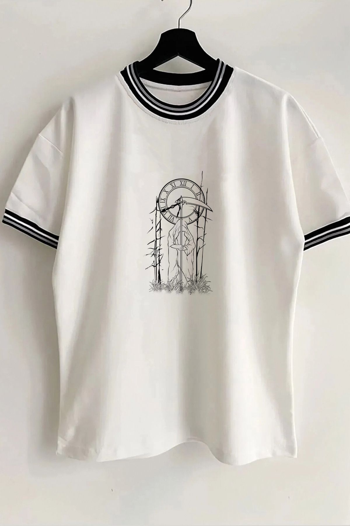 Vordevia Tricou Unisex Supradimensionat Alb Cu Nervuri Cu Guler Și Mâneci De Sezon Nou Cu Imprimeu Grim Reaper Unisex - M
