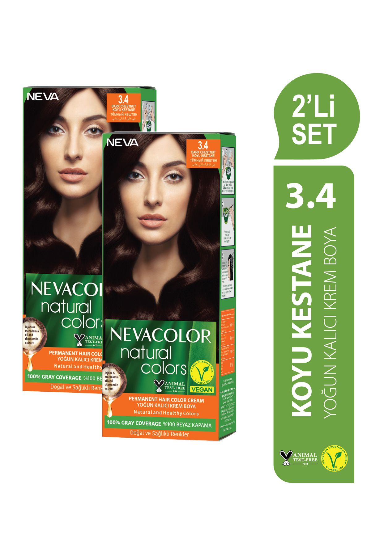 Neva Color Natural Colors НАБОР 2 шт. 3.4 Набор перманентных крем-красок для волос ТЕМНО-КАШТАН OTR052 NATURAL 3.4