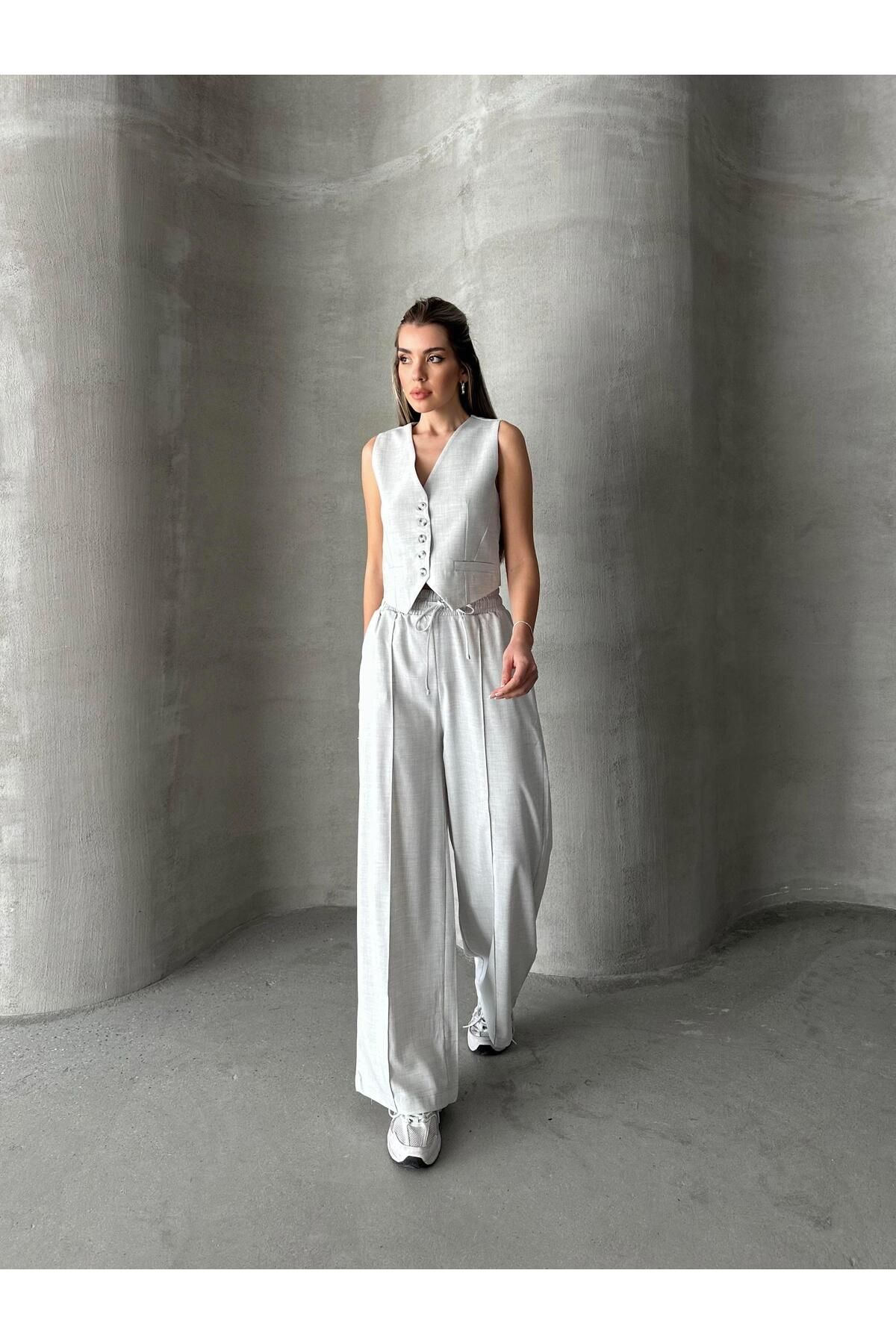 SEDA FİDAN-Gray Polyviscose Elastic Waist Trousers 5