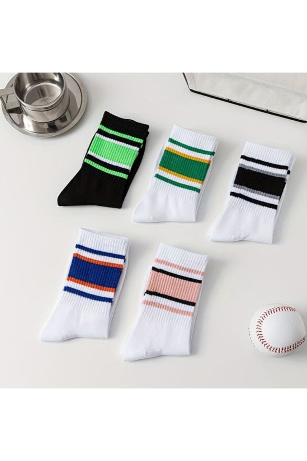 trampler 5 Çift Unisex Renkli Çemberli Çizgili Kolej Tenis Çorap Pamuklu görsel 5