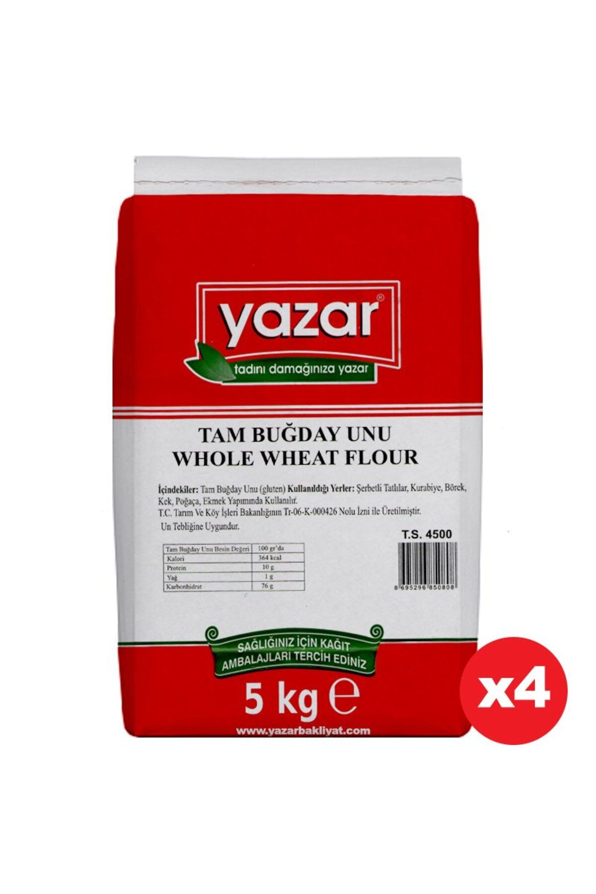 YAZAR Taş değirmende Öğütülmüş Tam Buğday Unu 5 Kg X 4 Paket