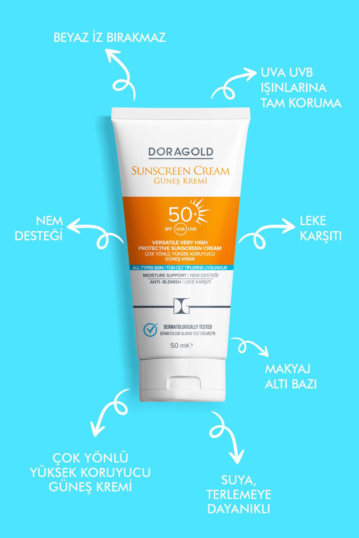 ضدآفتاب تون اکولیزینگ ضد لک با محافظت بالا با Spf 50+ آلوئه ورا پانتنول کلاژن شی Doragold