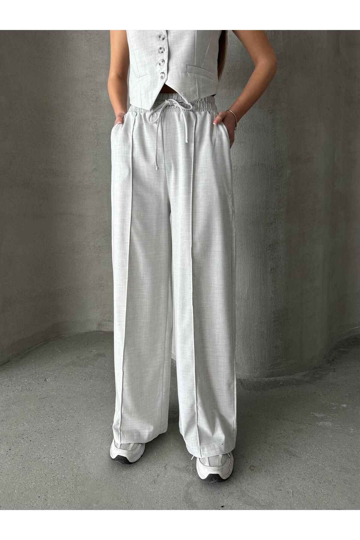SEDA FİDAN-Gray Polyviscose Elastic Waist Trousers 3