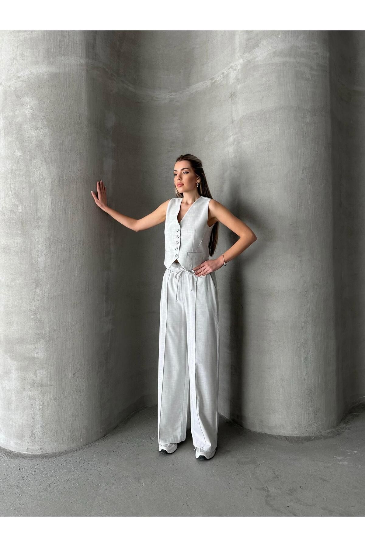 SEDA FİDAN-Gray Polyviscose Elastic Waist Trousers 6