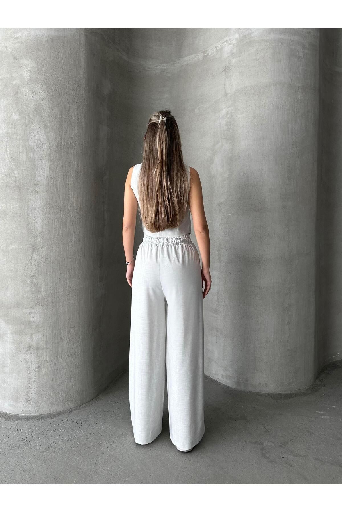 SEDA FİDAN-Gray Polyviscose Elastic Waist Trousers 8