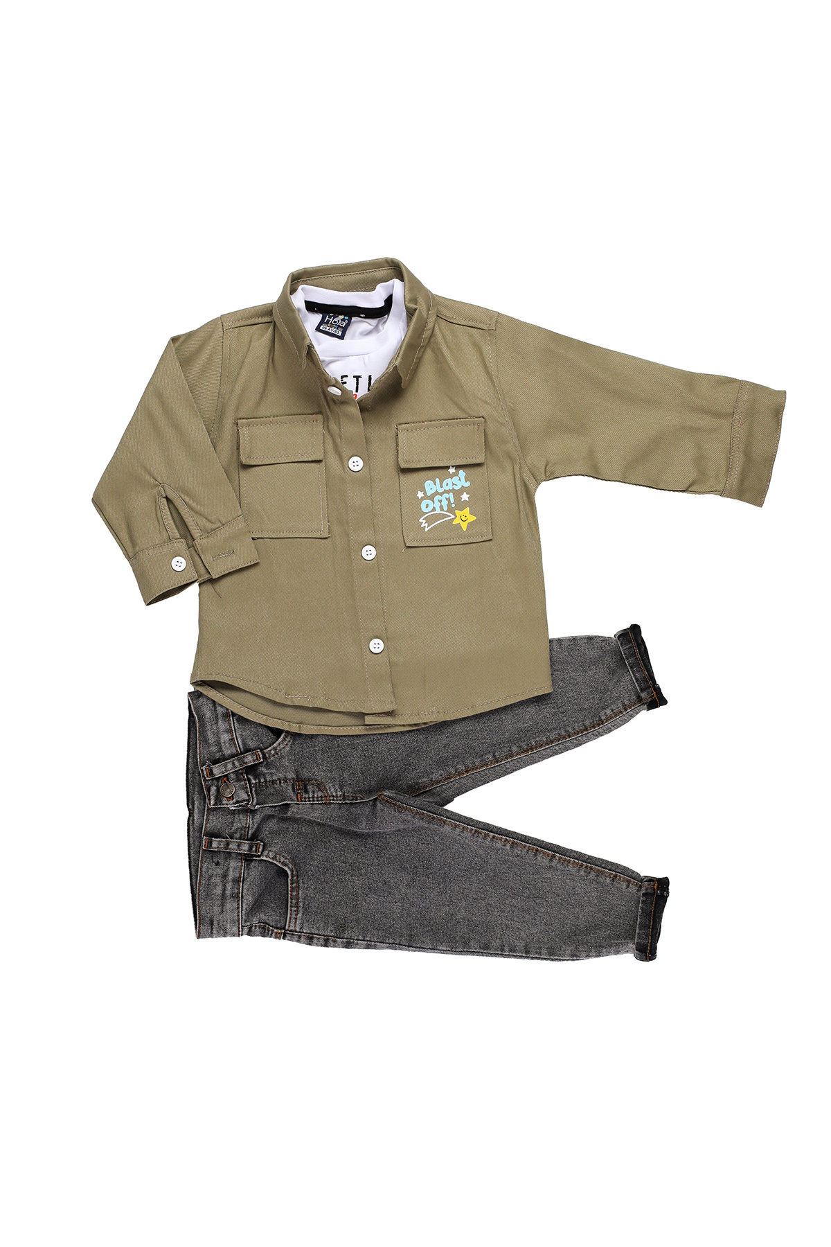 Mimbo Kids Erkek Bebek Haki Rengi Kot Gömlekli 3'lü Takım