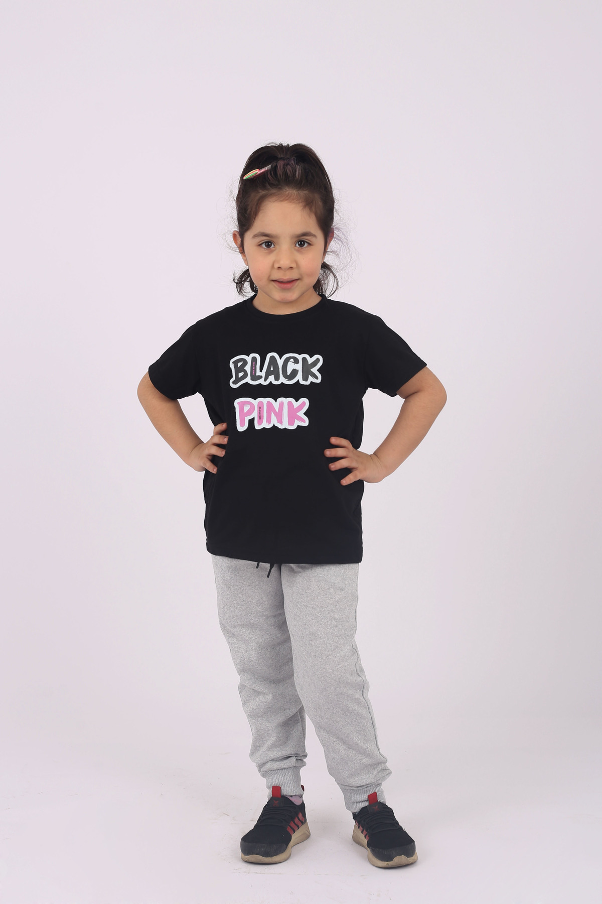 Buseyiz black pink girl printed t-shirt and flat sweatpants