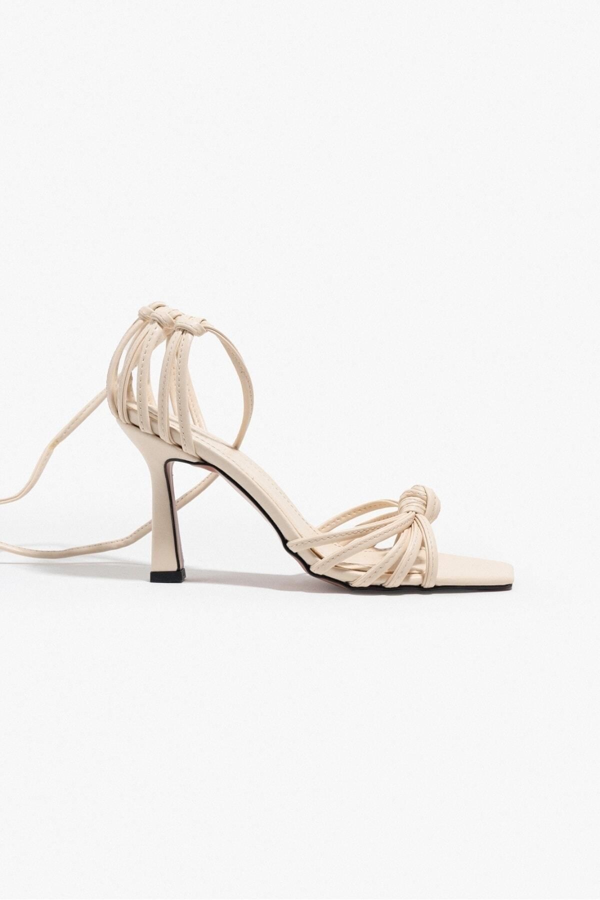 NİŞANTAŞI SHOES-Dámské sandály na podpatku Lupin Béžový matný detail pásku na kotník 8
