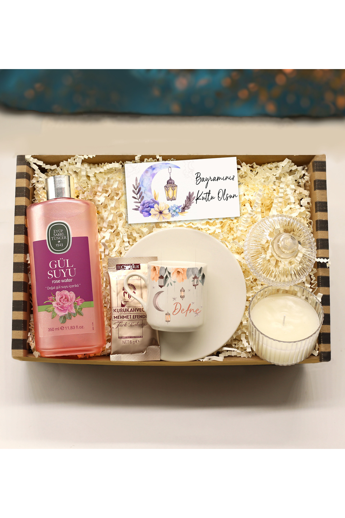 SPECIAL FOR THE FESTIVAL Personalized Coffee Cup&Rose Water&Candle with Lid&Turkish Coffee Gift Set