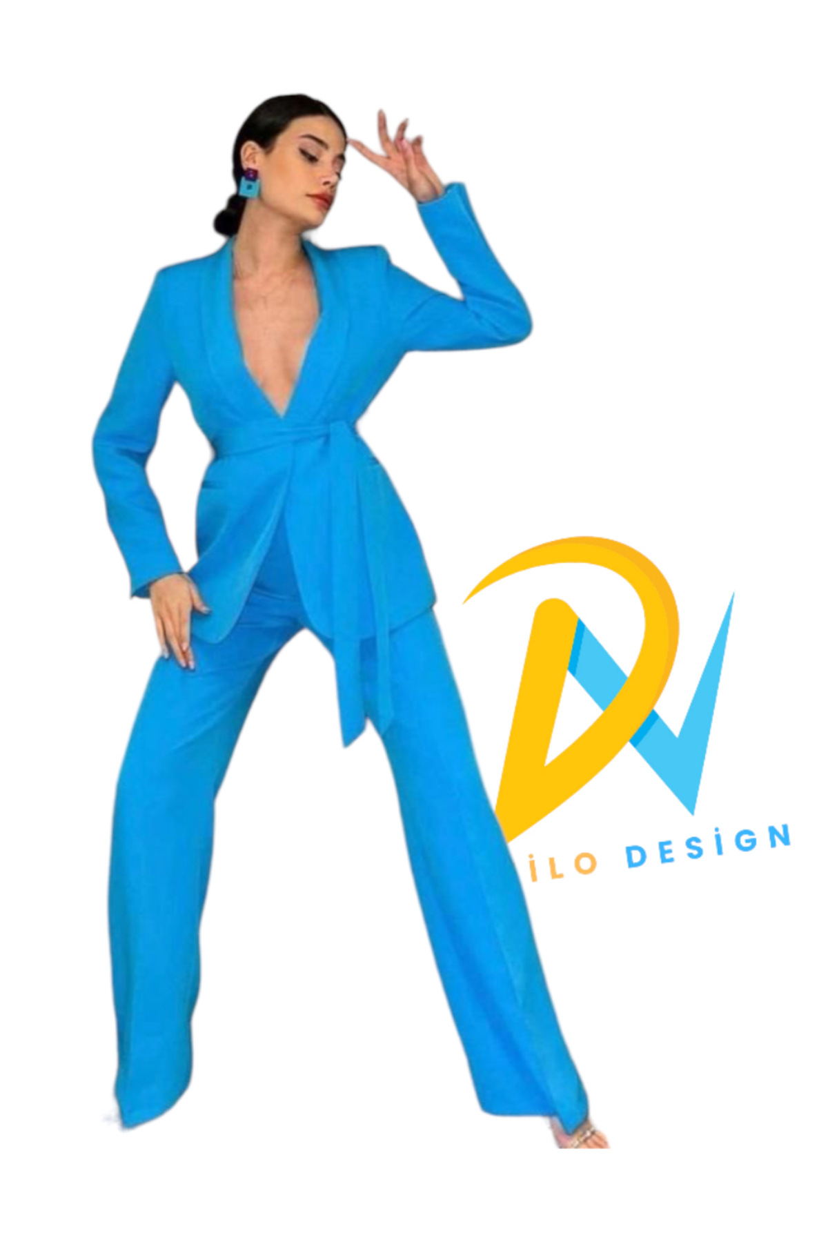 Kadın Mavi Takım Elbise Kemerli Şal Yaka Blazer Ceket Esnek Pantolon