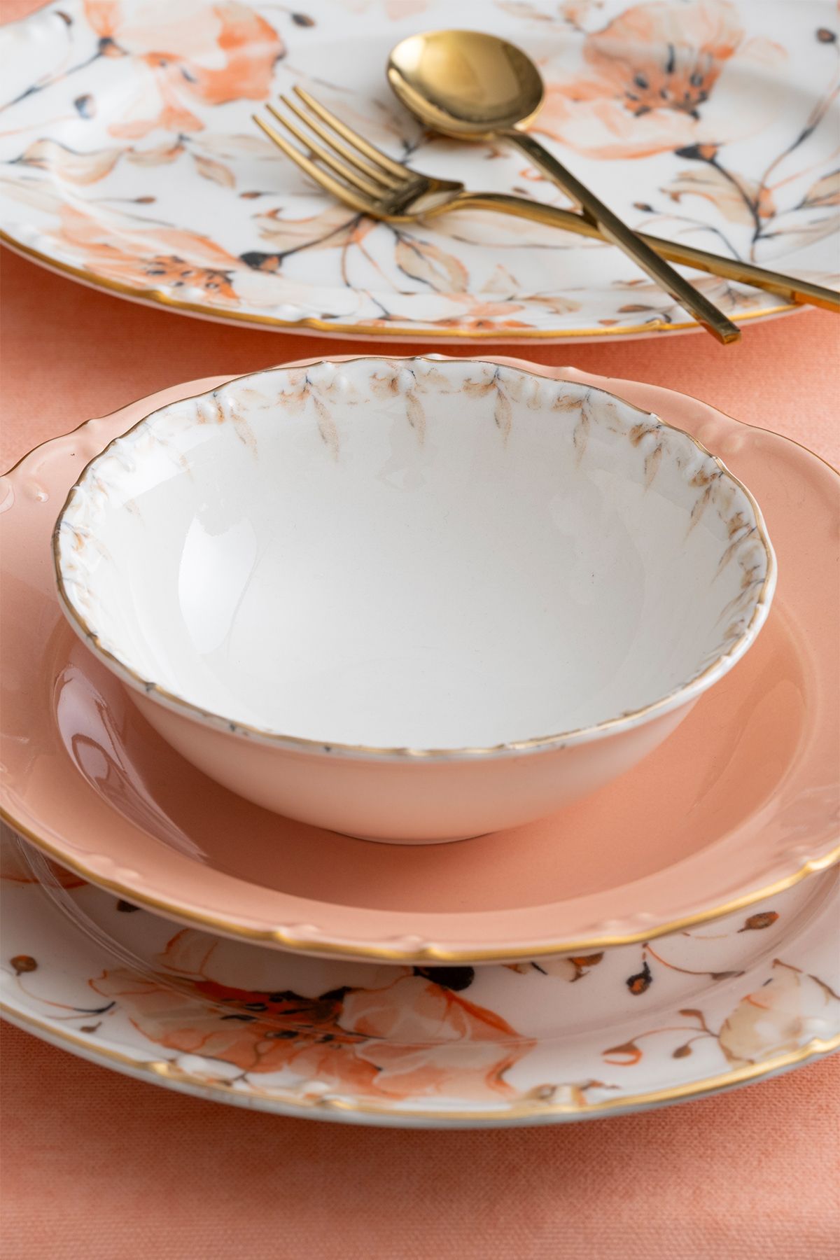 Acar Mari Gold Pembe Çiçekli 6 Kişilik 29 Parça Porselen Yemek Takımı