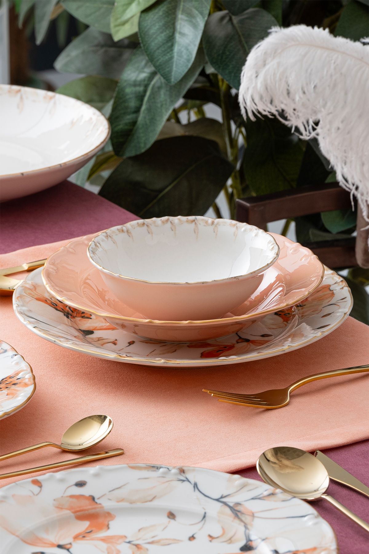 Acar Mari Gold Pembe Çiçekli 6 Kişilik 29 Parça Porselen Yemek Takımı