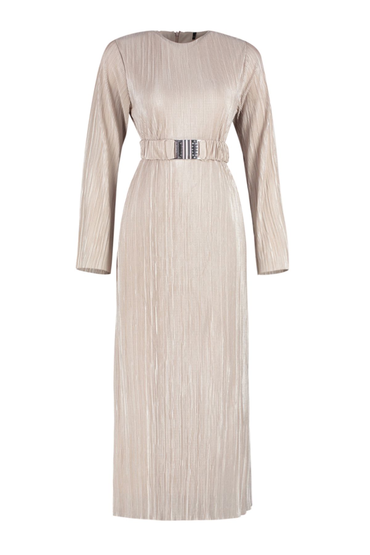 Trendyol Modest-Rochie tricotată de culoare aurie - cu centură și pliuri, TCTSS24EB00154 7