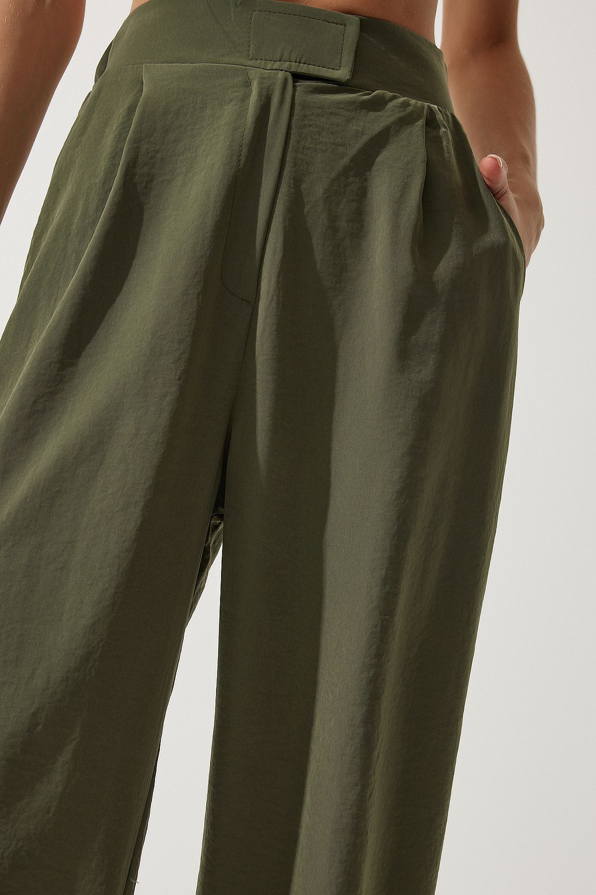 Happiness İstanbul-Khakifarbene Palazzo-Hose mit Klettverschluss an der Taille für Damen rv00184 4
