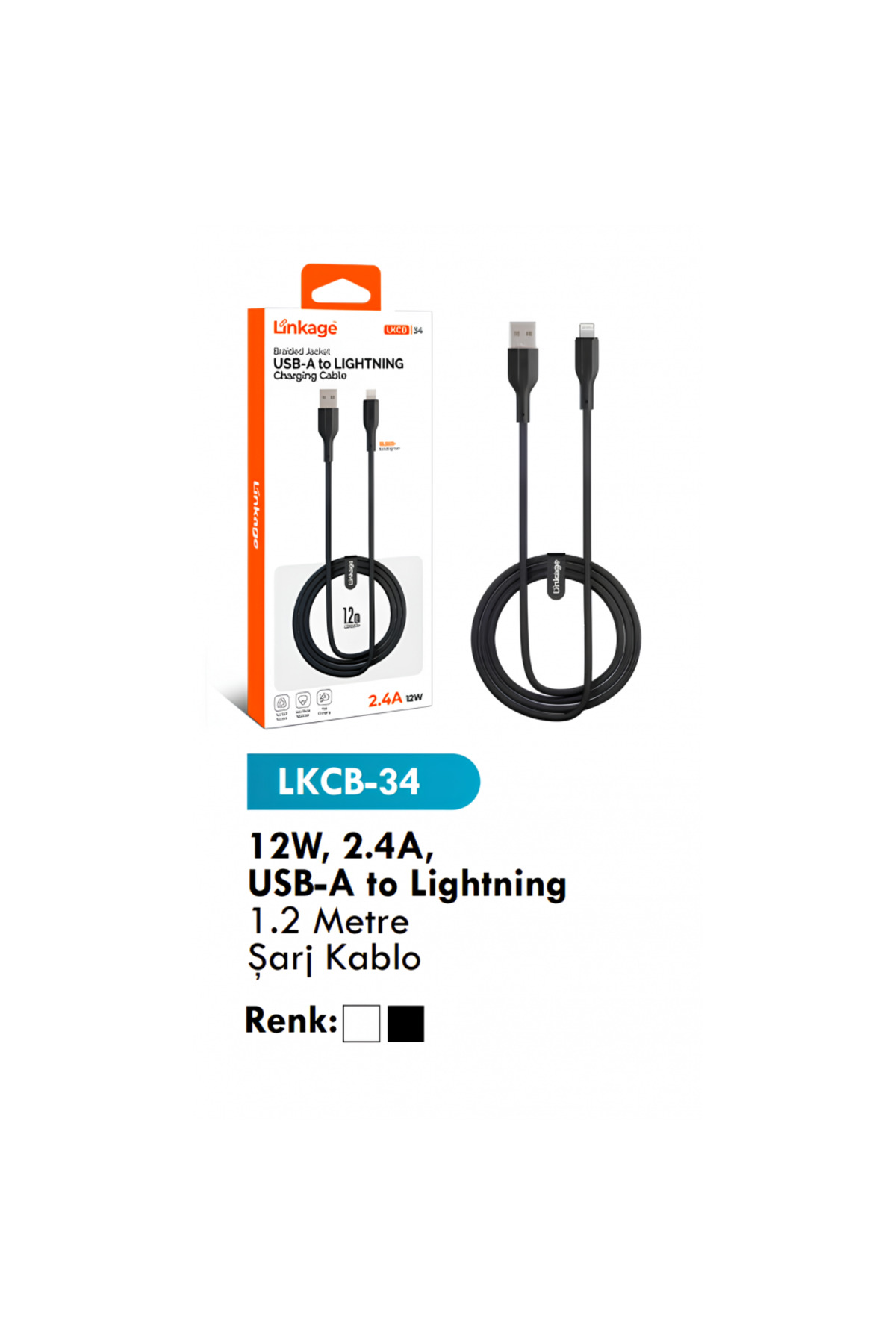 Şarj Kablosu 12W, 2.4A, USB-A to Lightning 1.2 Metre Şarj Kablo LKCB-34