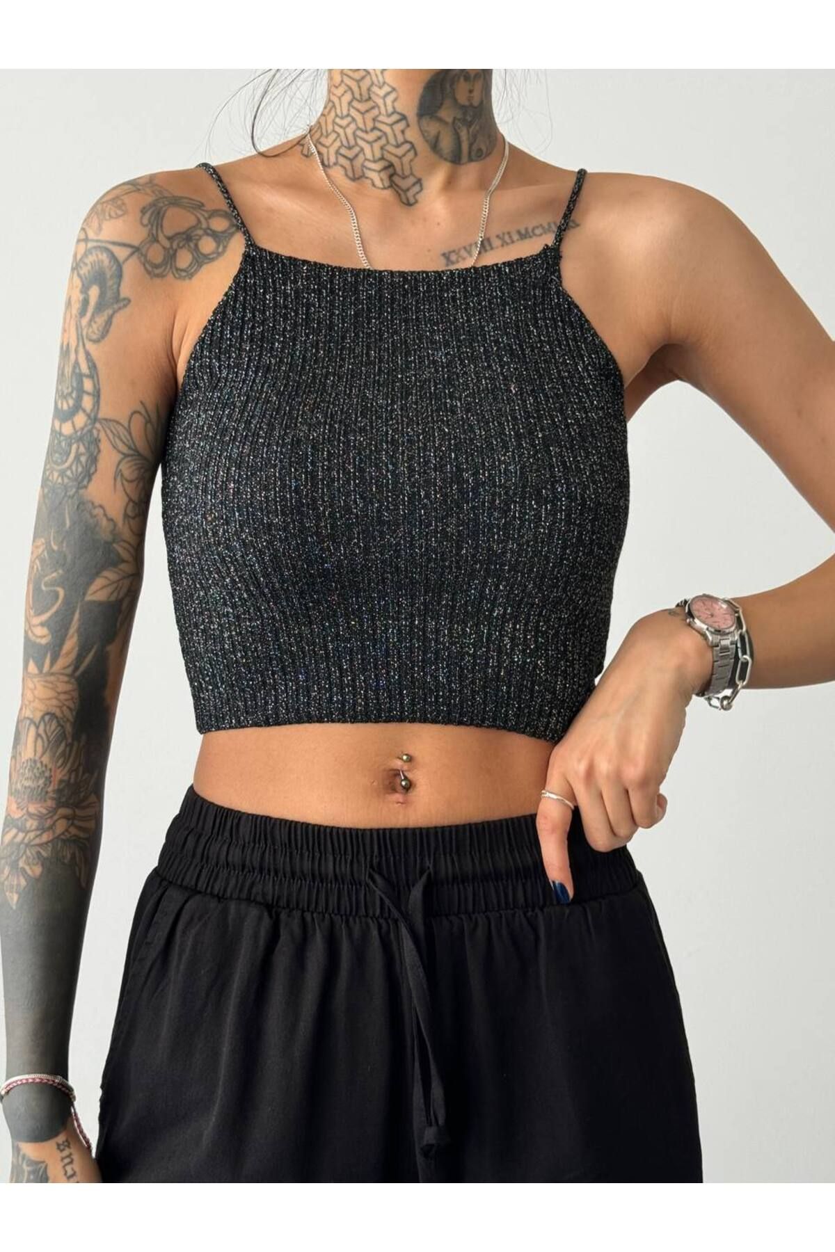 Laluvia-Black Glitter Detailed Strappy Knitwear Sportovec 3