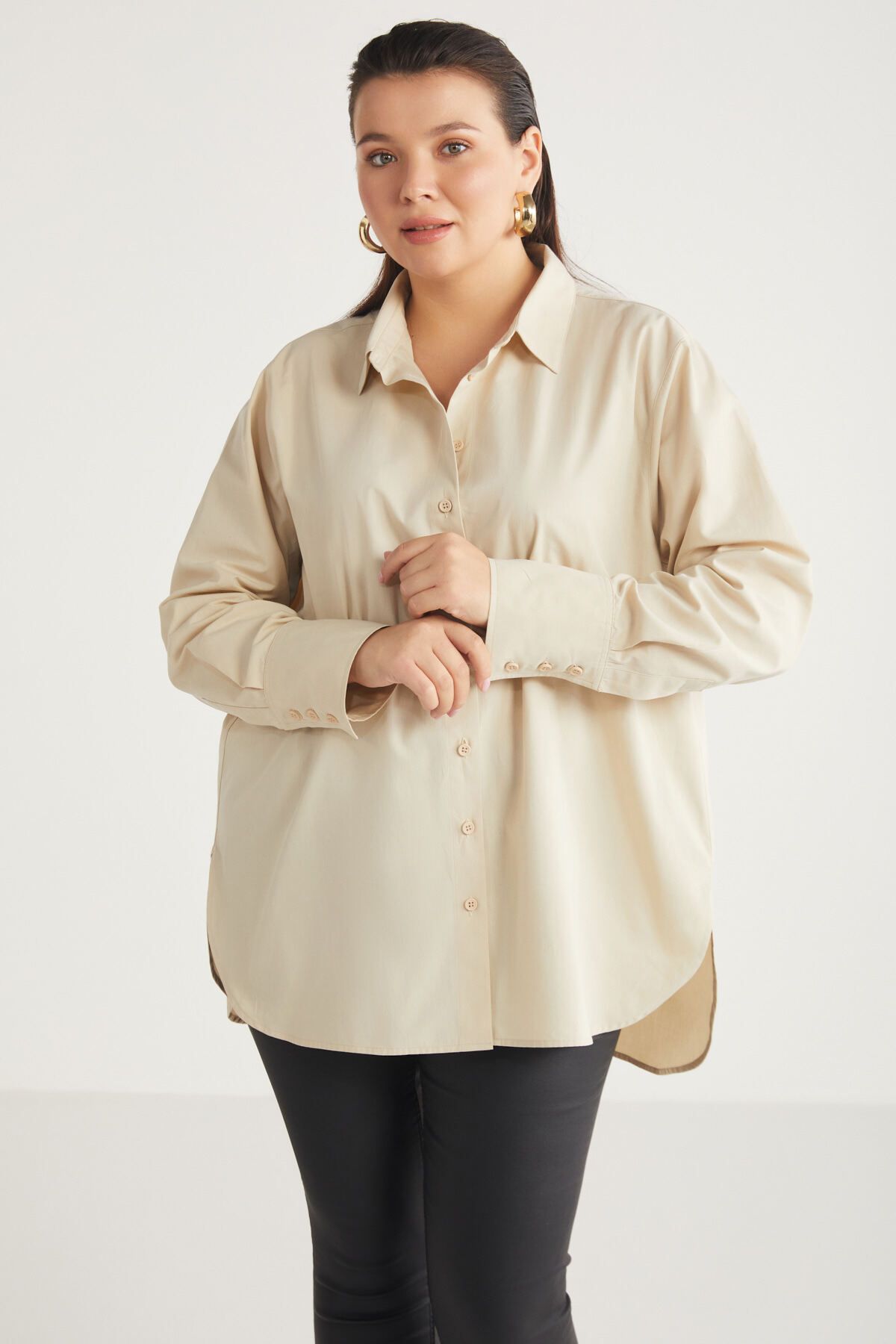 ETHIQUET Koszula Damska Amarabb Wykonana W 100% Z Bawełny Organicznej, Oversize Fit, Beżowa, Duży Rozmiar, Z Mankietami Z Popeliny Kobieta - 2XL