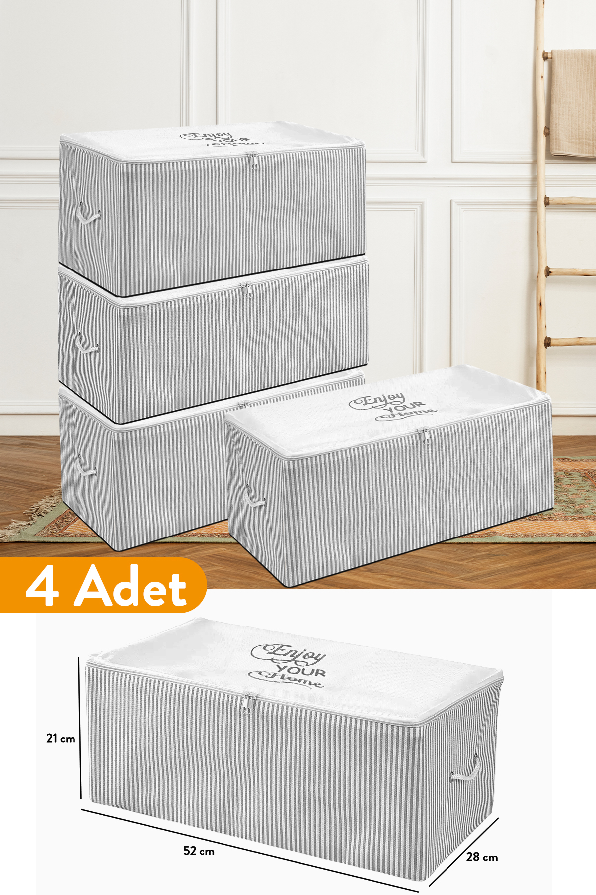 Serstil 4 Adet - Küçük Boy Baskı Detaylı Gri Çizgili Hurç 52 X 28