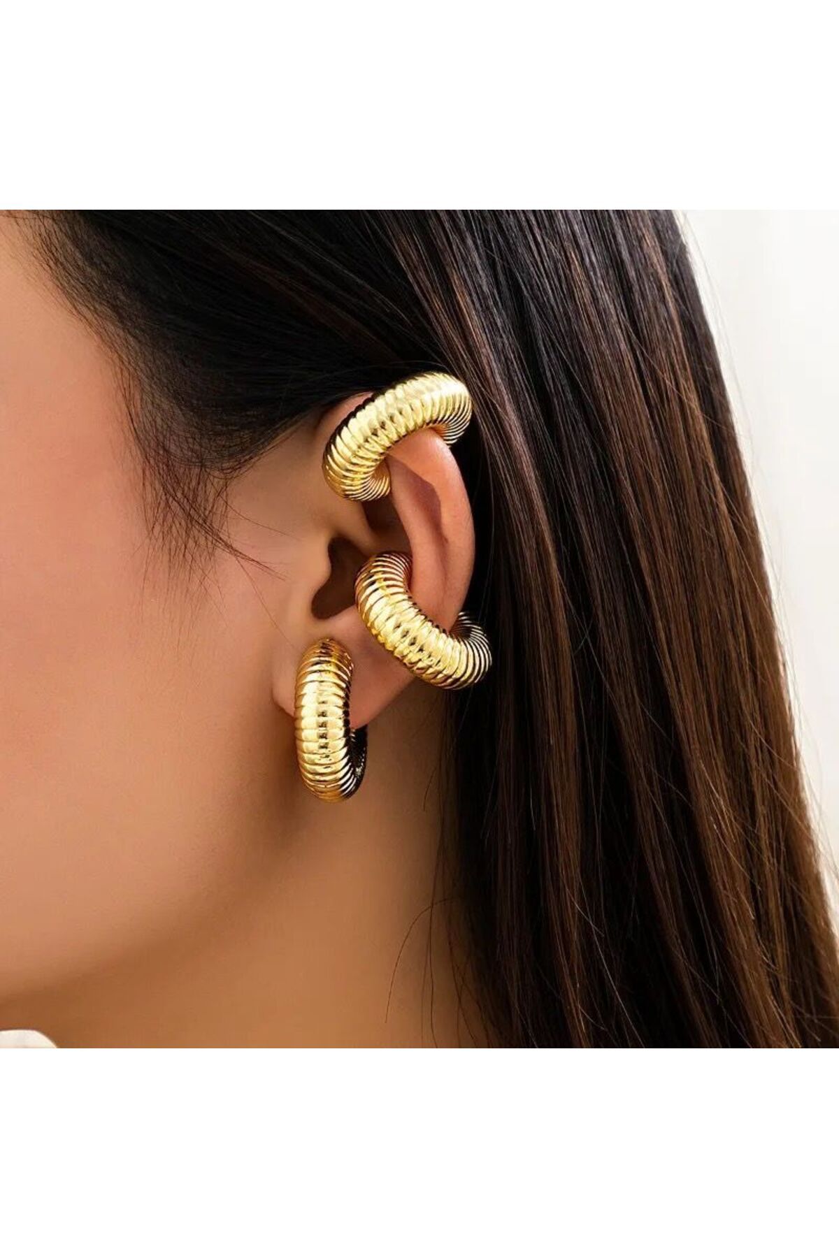 Rachel-Gold Thick Serrated Pipe Plate Cartilage Earrings - Double Pieces 4
