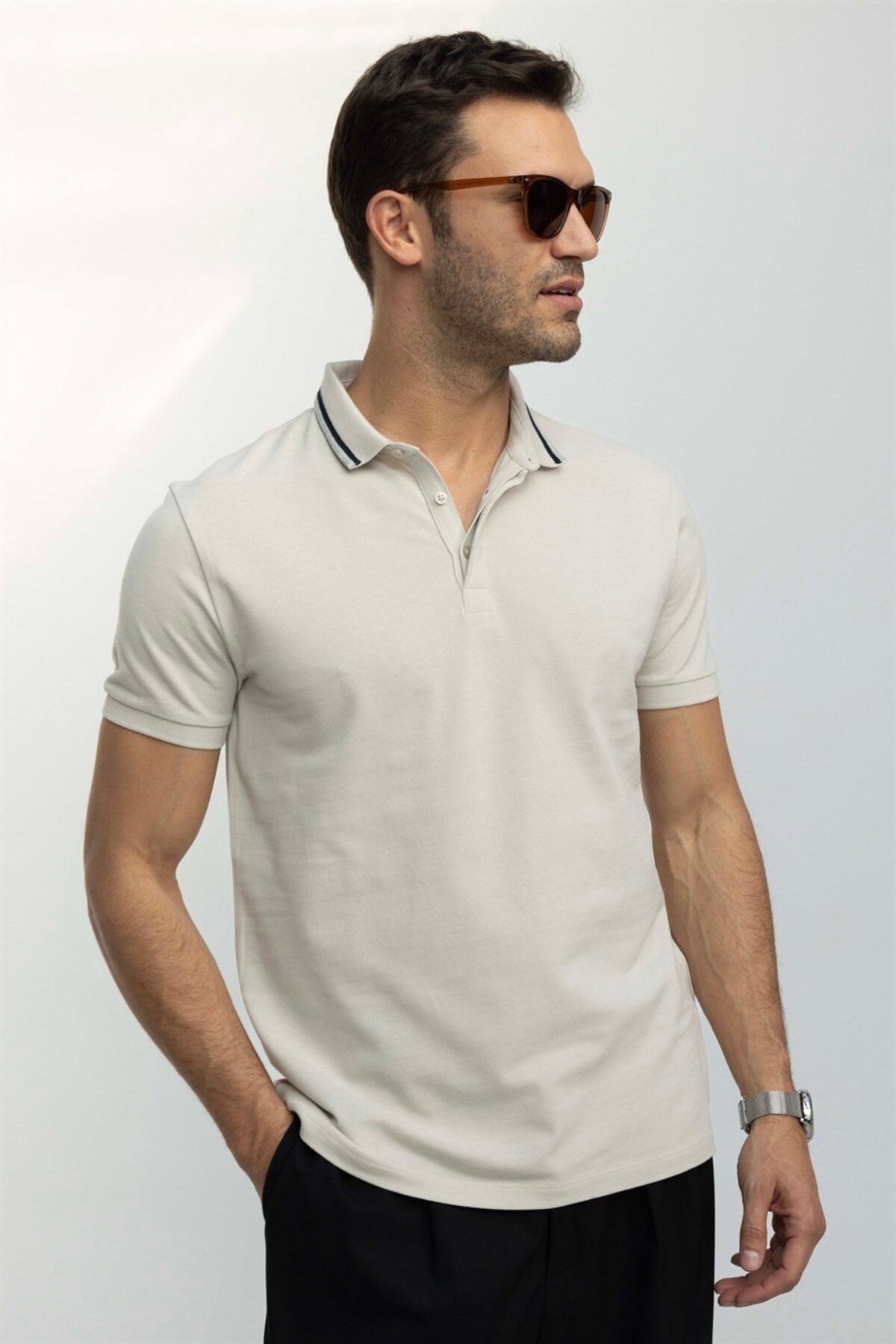 Tudors-Tricou pentru bărbați, slim fit, 100% bumbac, cu nasturi ascunși, bej, cu guler polo 2