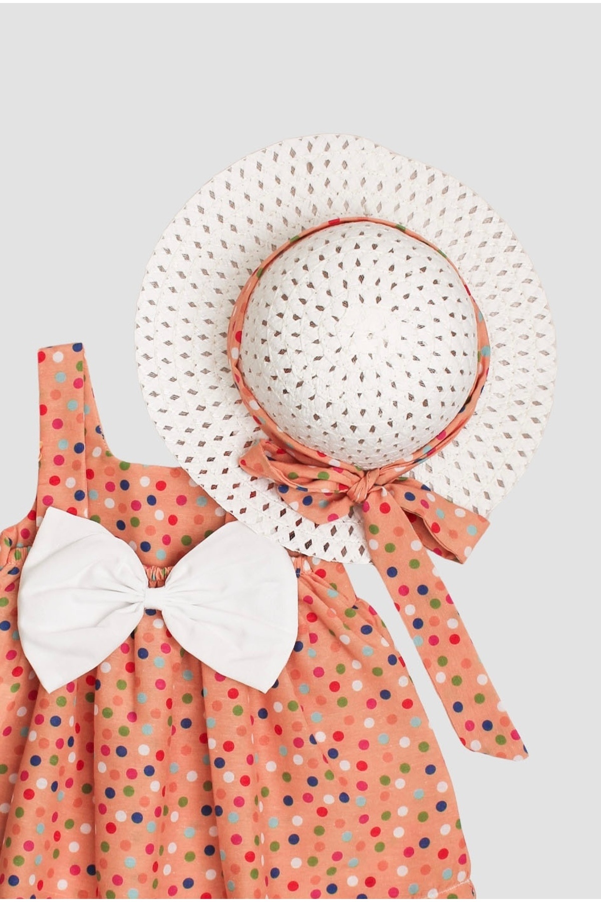 Chicsy Baby Şapkalı puantiye Desenli Fiyonklu Kız Bebek Elbisesi fotoğrafı 2 (önizleme)