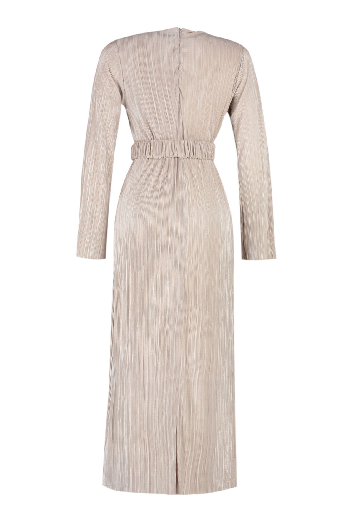 Trendyol Modest-Rochie tricotată de culoare aurie - cu centură și pliuri, TCTSS24EB00154 8