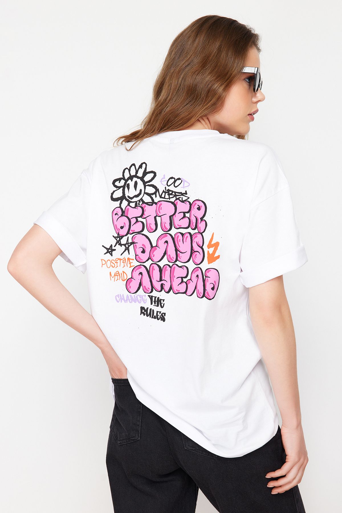 Trendyol Collection Biała, 100% Bawełniana Koszulka Z Dzianiny Z Nadrukiem Z Tyłu I Z Przodu, Oversize/szeroki Krój Kobieta - XL