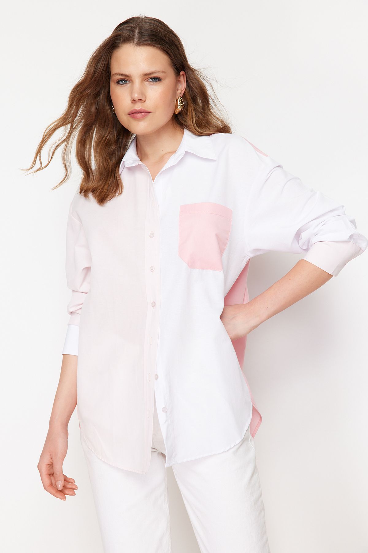 Trendyol Collection Różowa, Tkana Koszula Typu Oversize W Bloki, O Szerokim Kroju Kobieta - 34