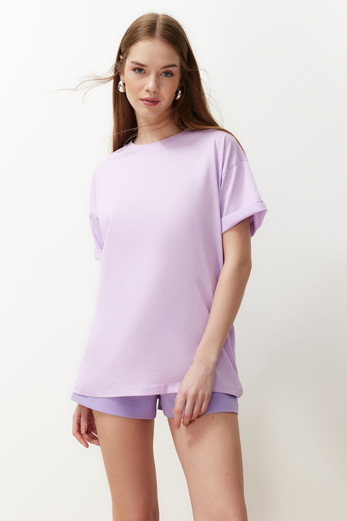 Trendyol Collection Lilac 100% Cotton Oversize/Wide Fit Crew Neck Knitted T-Shirt TWOSS20TS0134