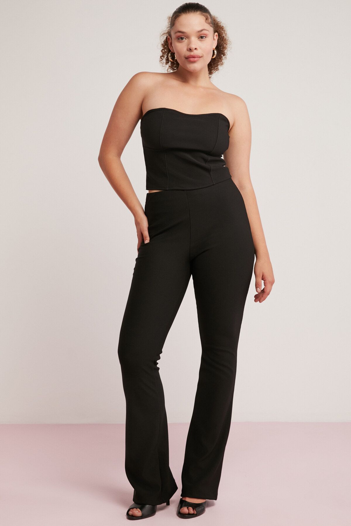 ETHIQUET-Larissa Women's Ribbed Interlocked Body-Wrapping Flexible Flare Black Plus Size Trousers 5