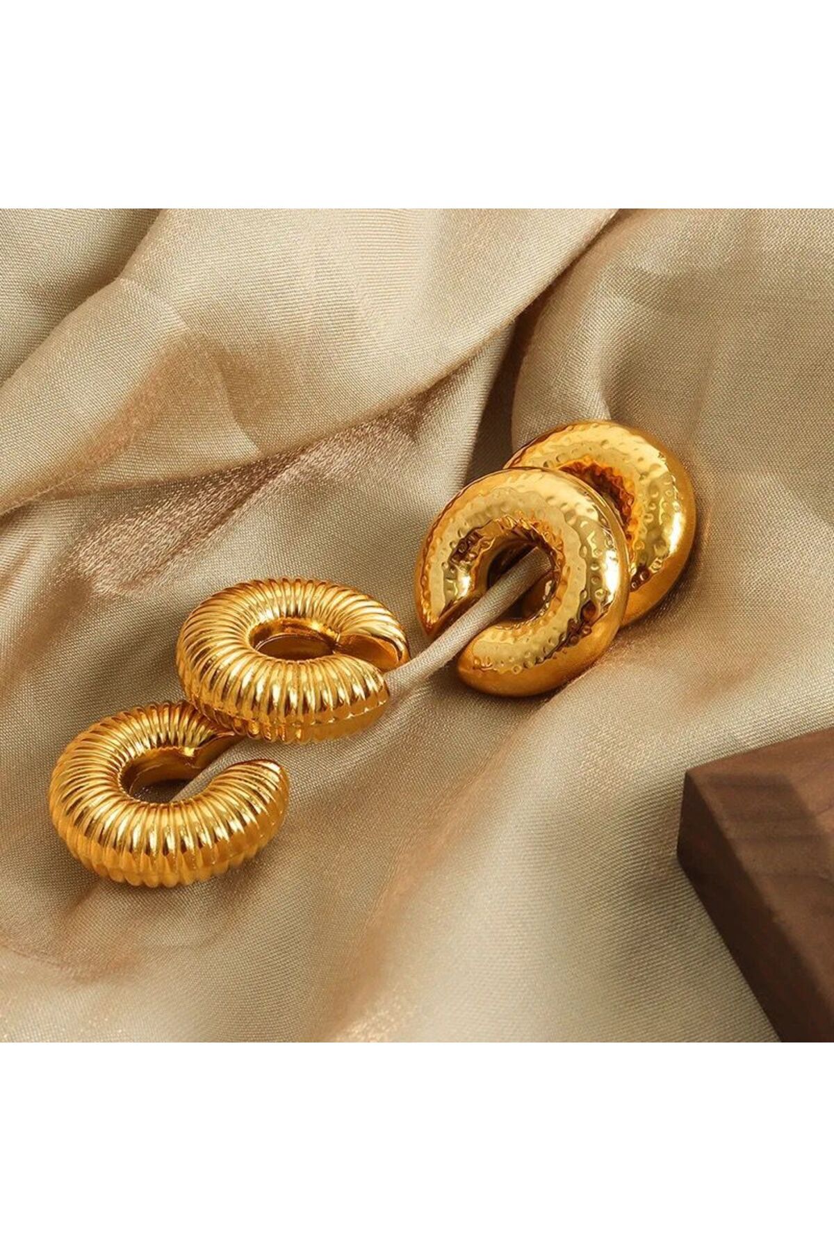 Rachel-Gold Thick Serrated Pipe Plate Cartilage Earrings - Double Pieces 6