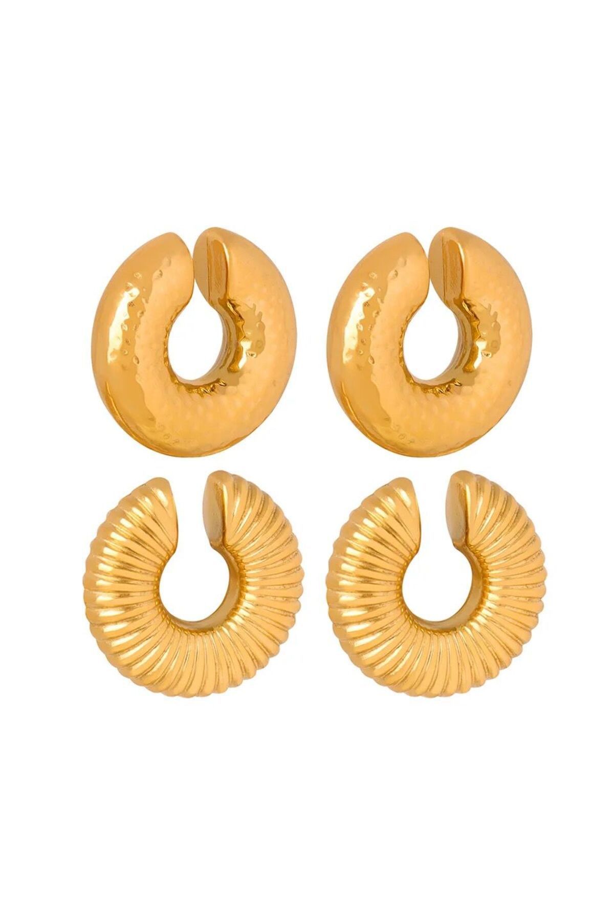 Rachel-Gold Thick Serrated Pipe Plate Cartilage Earrings - Double Pieces 5