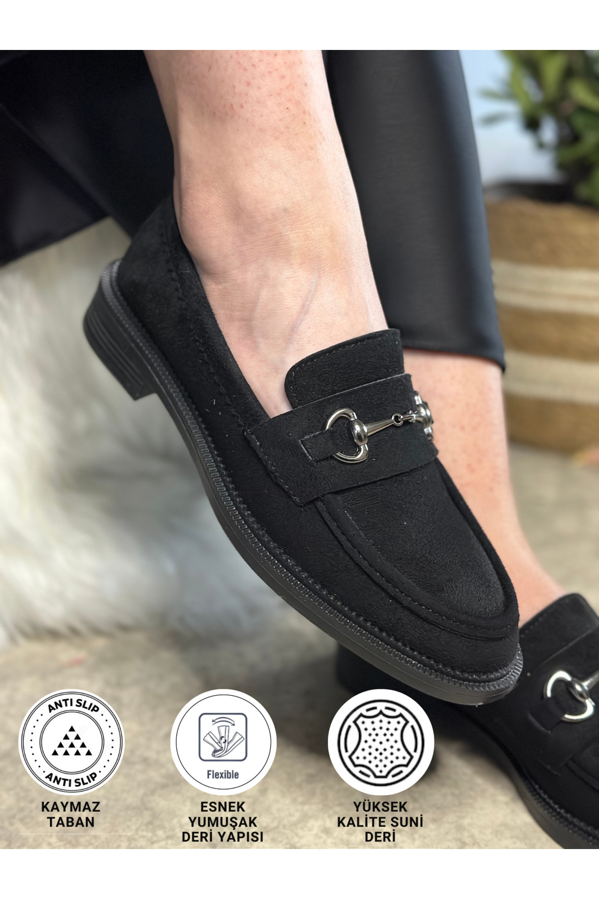 Casual Women's Black Suede Platinum Loafer Classic Pattern Sole Buckle Oval Toe Loafers 120