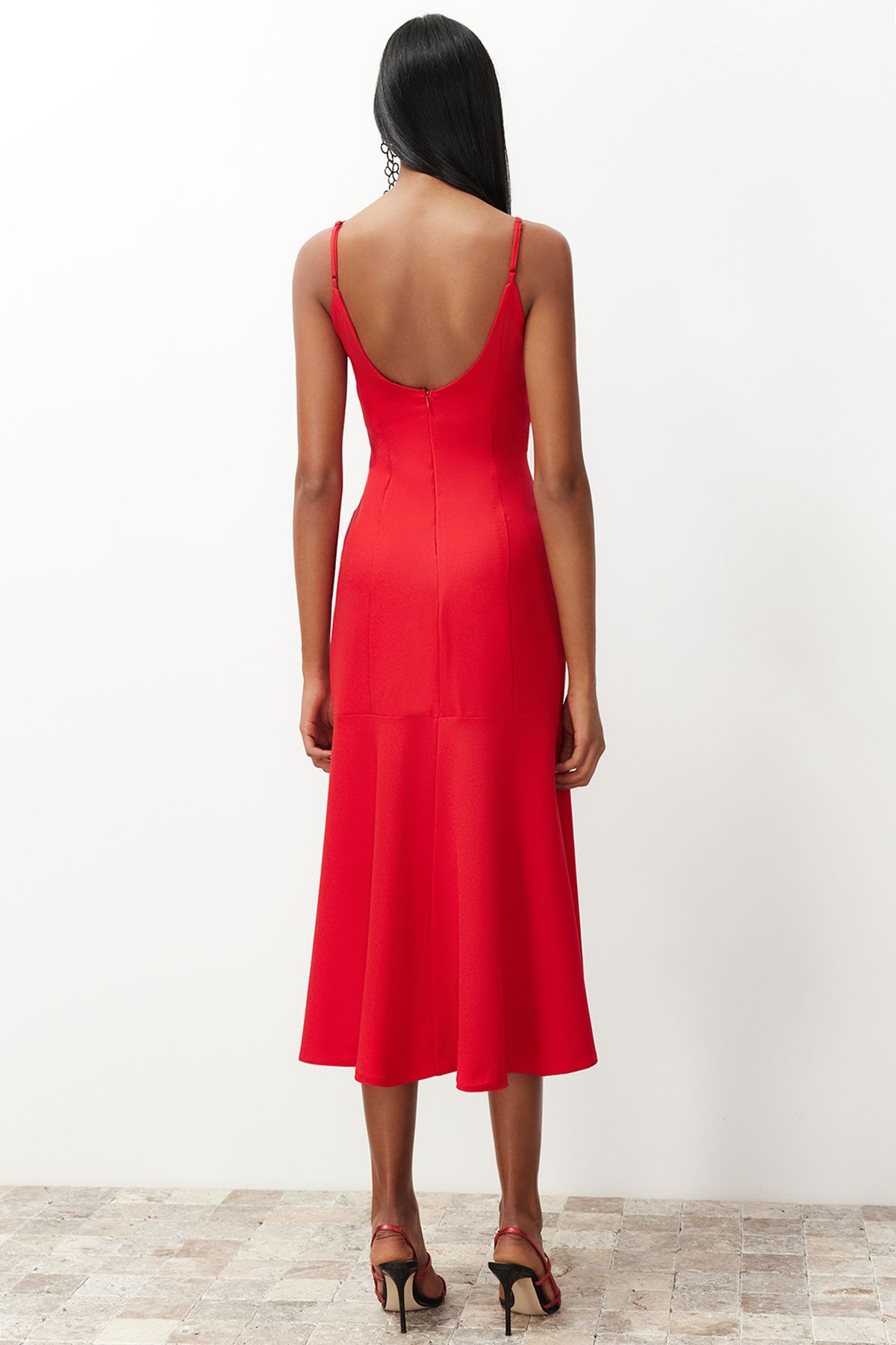 Trendyol Collection-Red Body-Fitting Strappy Woven Dress TPRSS24EL00157 6