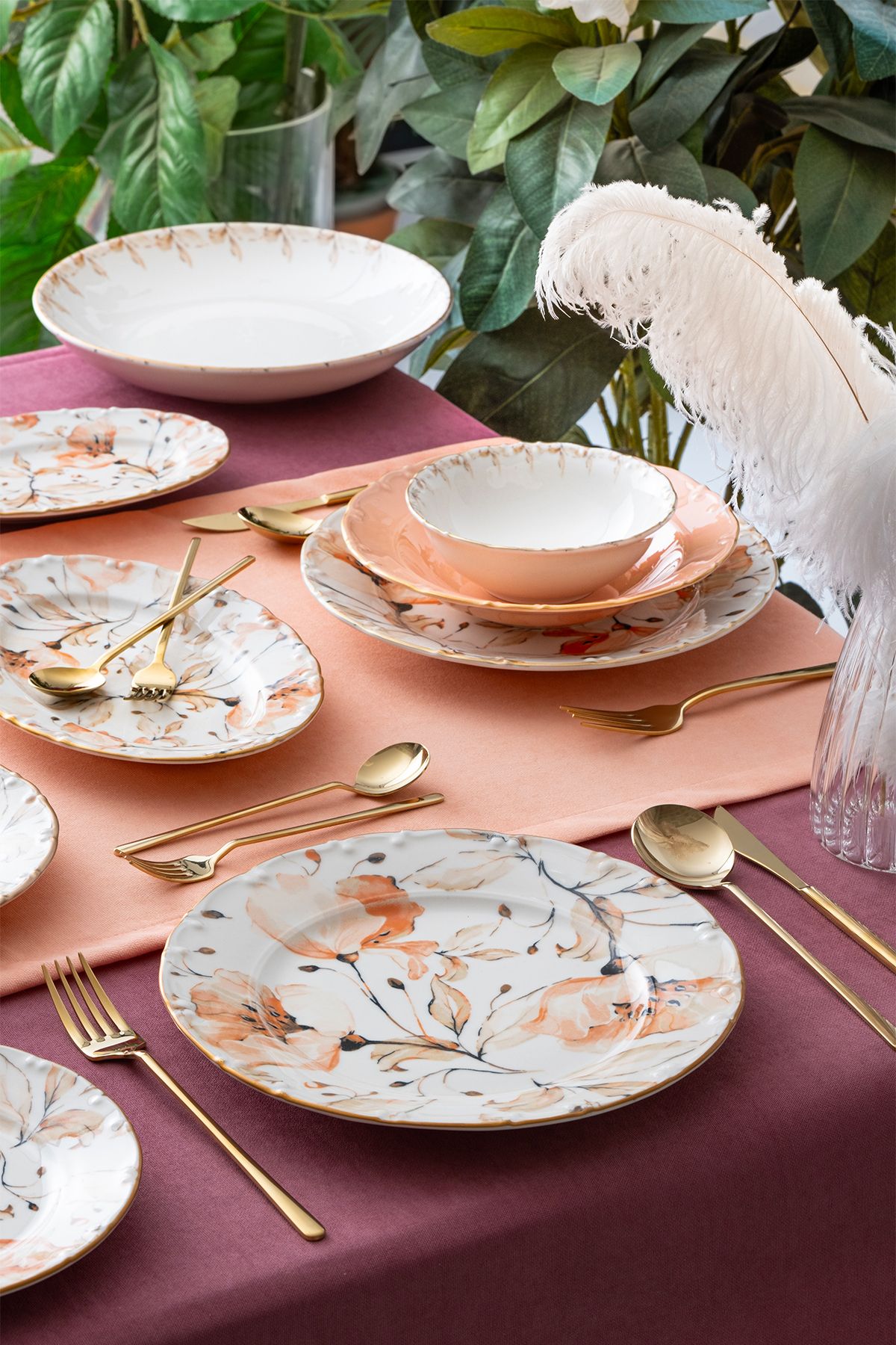 Acar Mari Gold Pembe Çiçekli 6 Kişilik 29 Parça Porselen Yemek Takımı