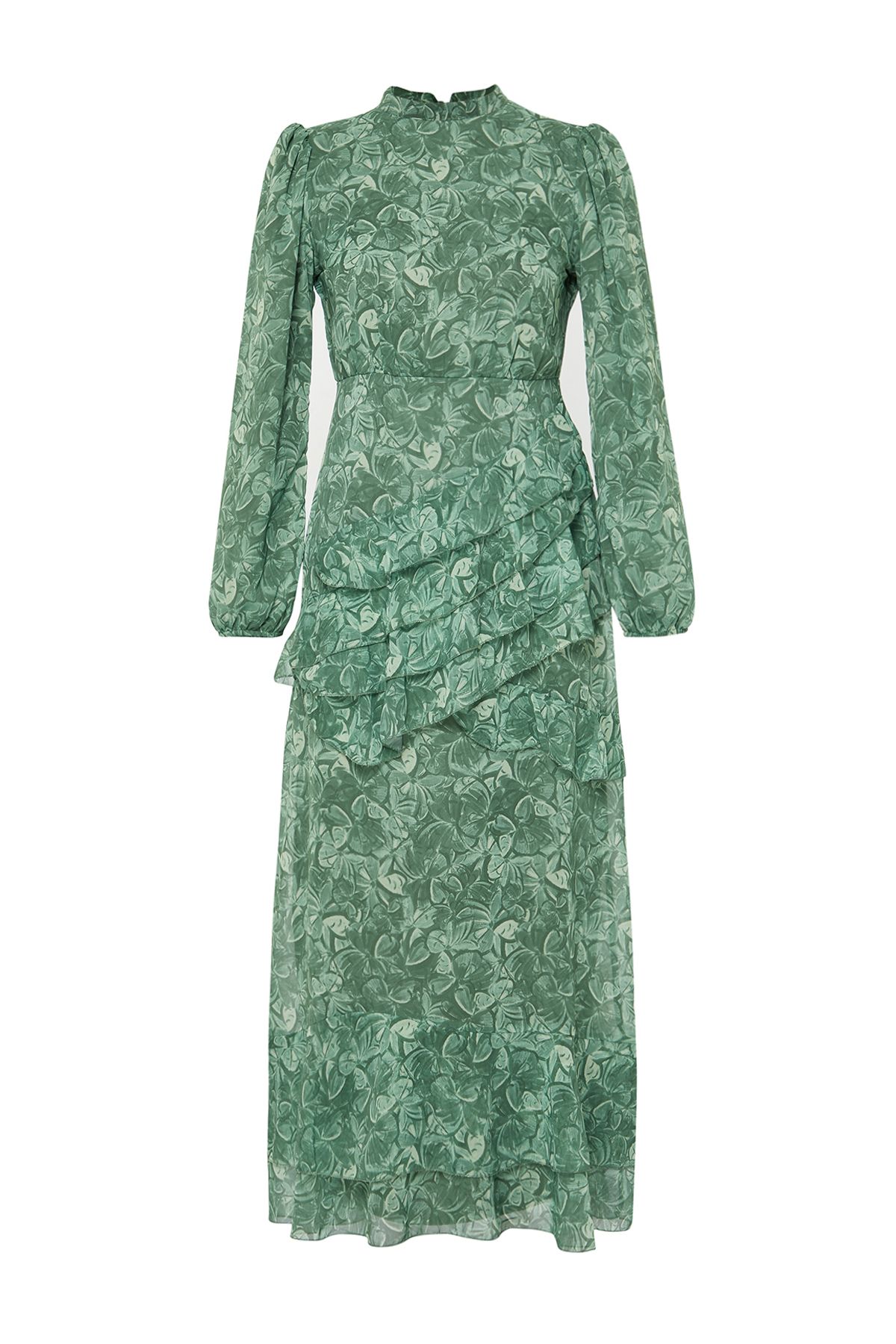 Trendyol Modest-Khaki květinová sukně s volánem, tkané šifonové šaty TCTSS23EB00160 7