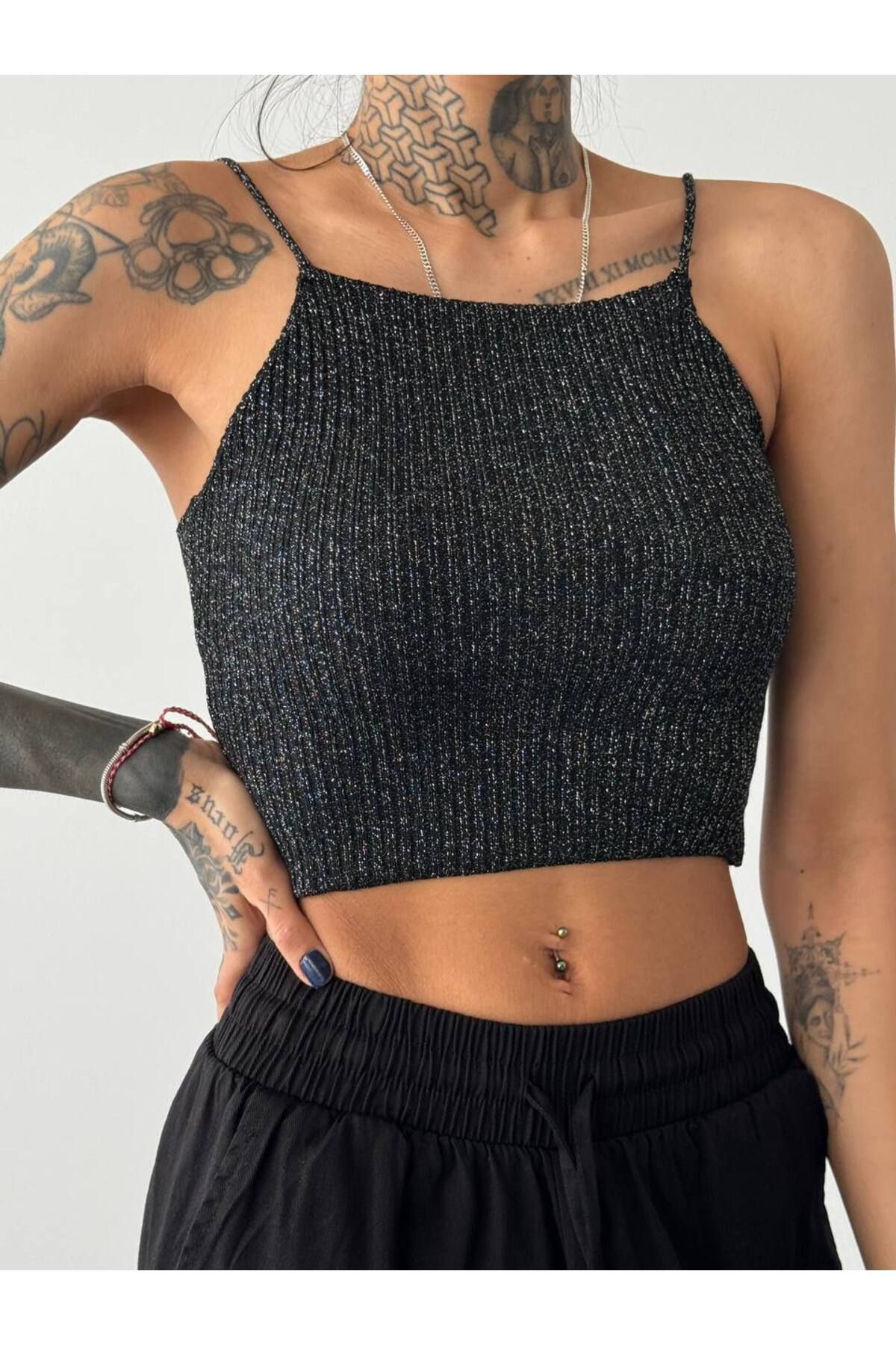 Laluvia-Black Glitter Detailed Strappy Knitwear Sportovec 2