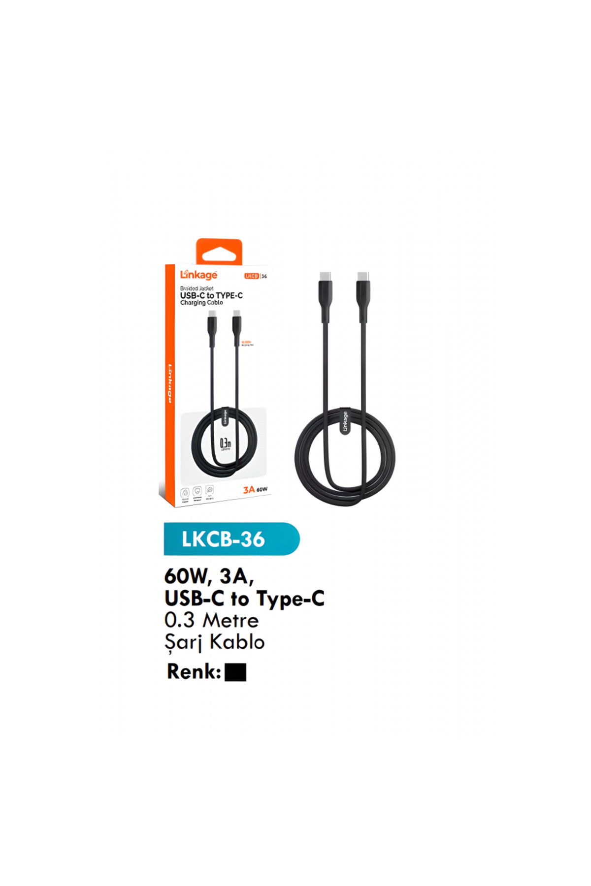 60W, 3A, USB-C to Type-C 0.3 Metre Şarj Kablo LKCB-36