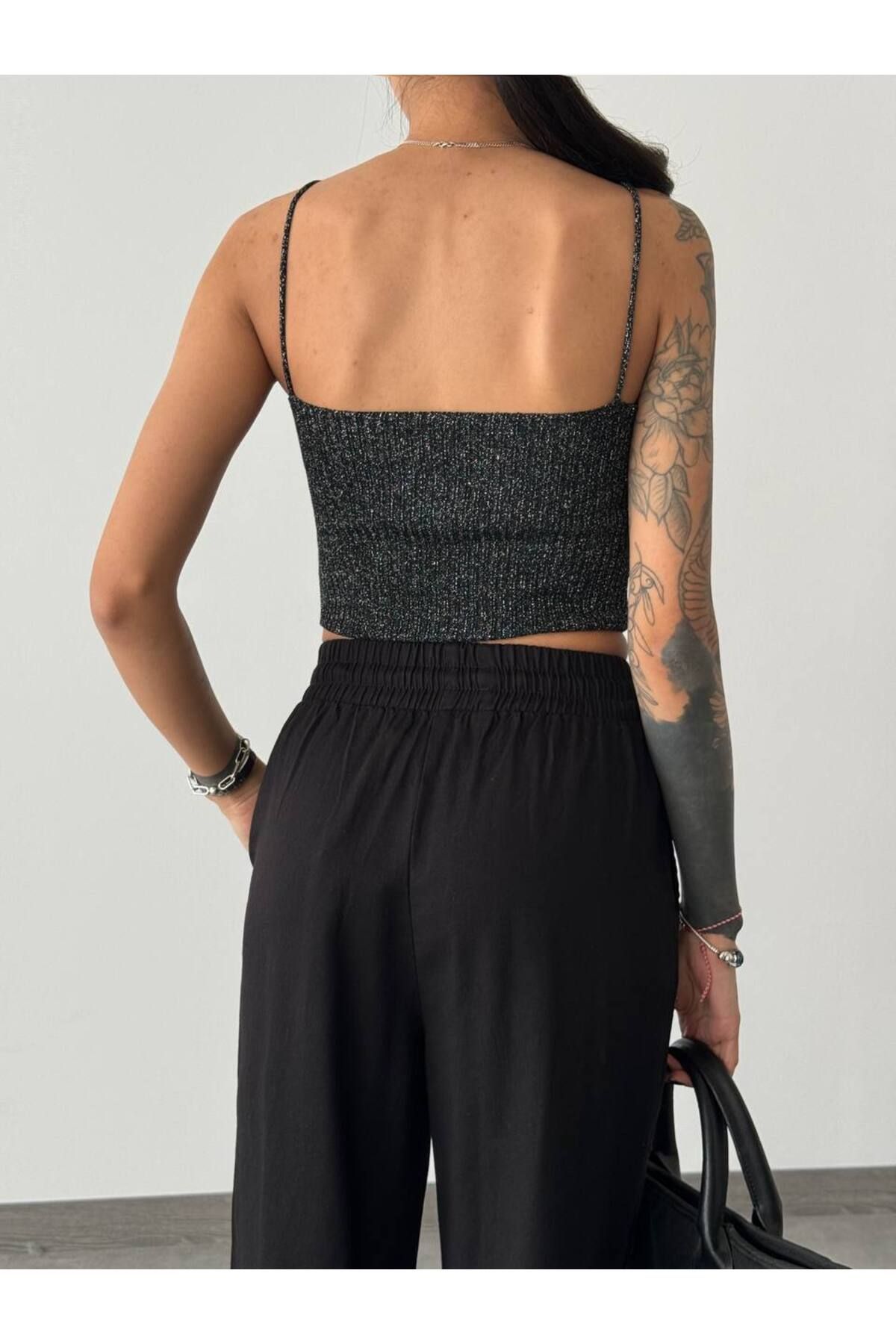 Laluvia-Black Glitter Detailed Strappy Knitwear Sportovec 4