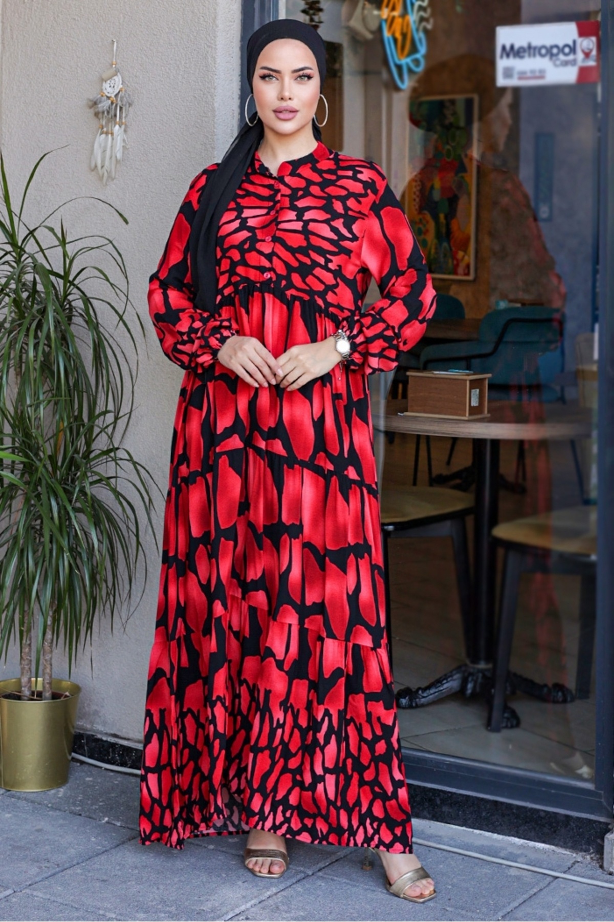 Piece Pattern Woven Viscose Dress 852-Red