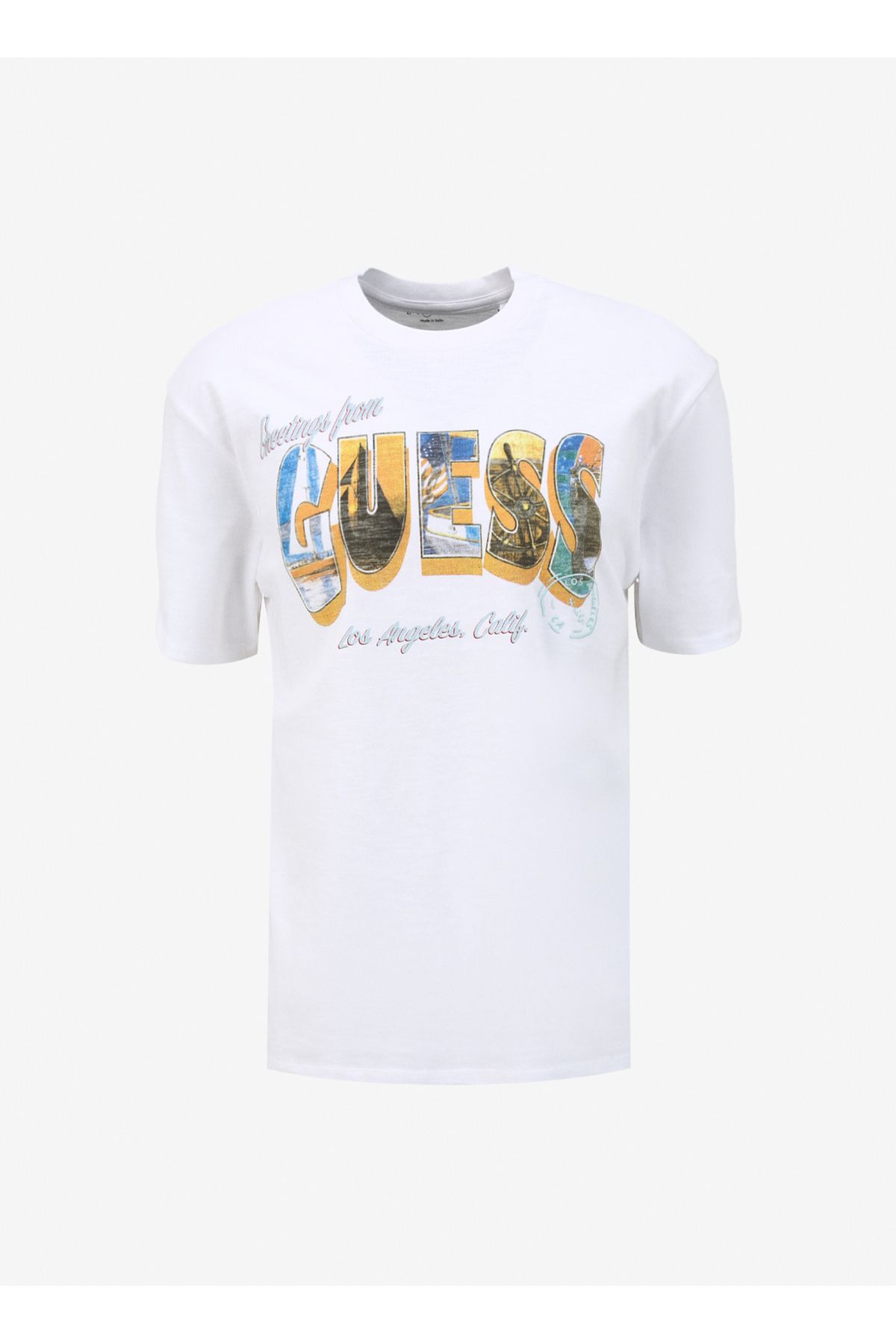 تی شرت سفید مردانه یقه دوچرخه طرح دار BSC حدس Postca Guess