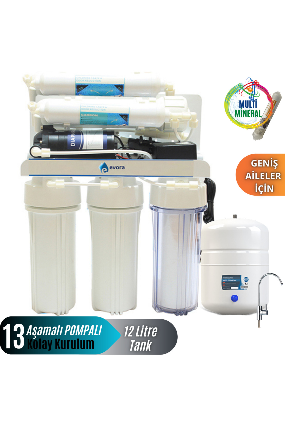 Evora 13 Aşamalı Açık Kasa 12 Litre Pompalı Su Arıtma Cihazı Mineral Su Özellikli