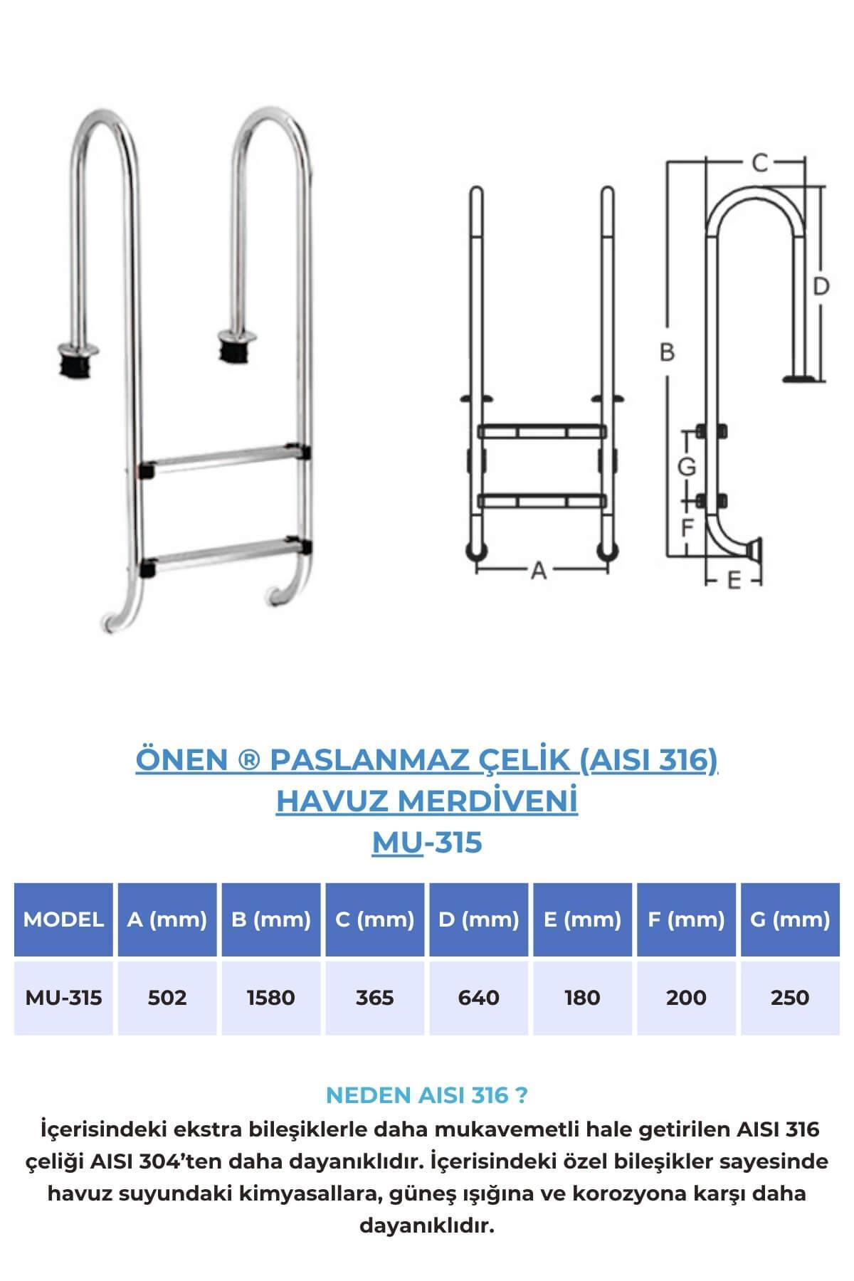 AISI 316 Çelik Havuz Merdiveni MU-315 Model 2