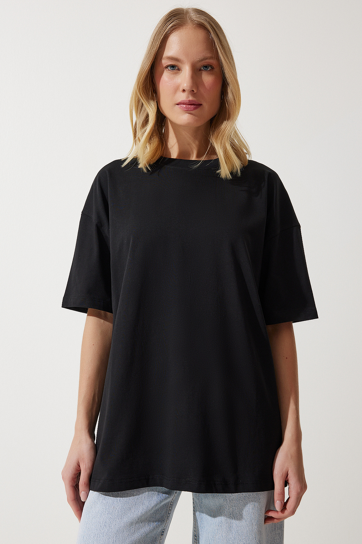 トップス salsation Oversized Round Neck T-Shirt Happiness İstanbul Women's Black Crew Neck Basic Oversize Knitted