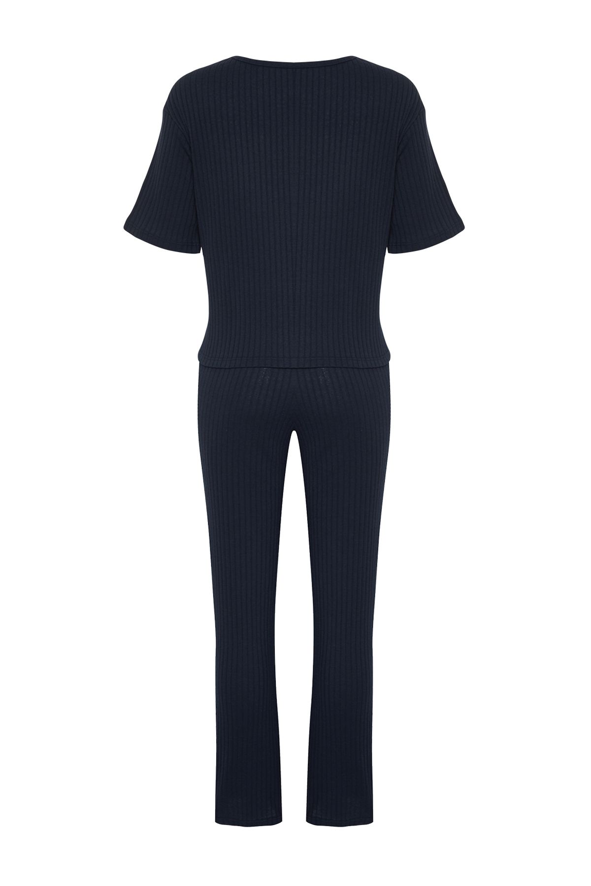 Trendyol Collection-Σετ πιτζάμες κοτλέ - Μπλε μπλουζάκι, μπλουζάκι και παντελόνι με στάμπα με σύνθημα THMSS21PT1016 23