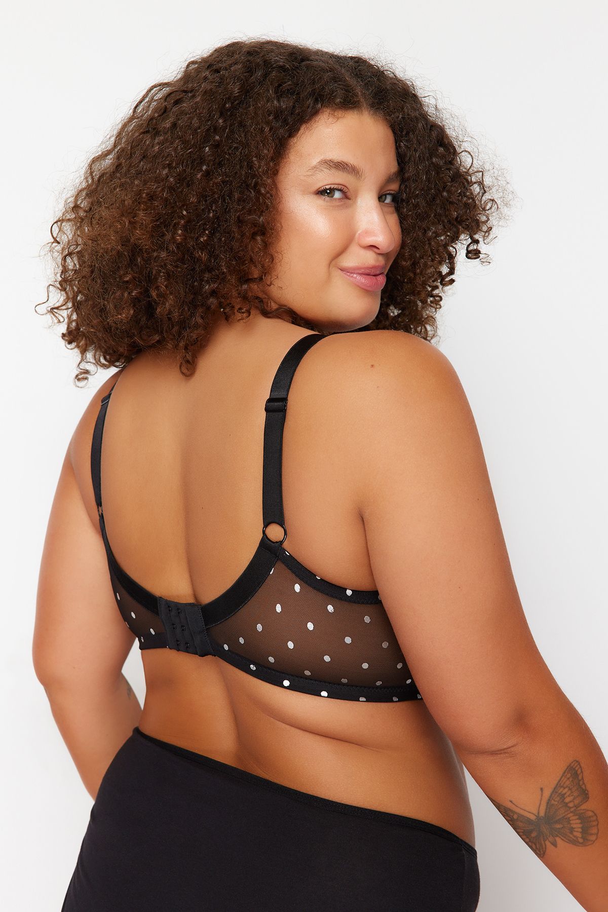 Trendyol Curve-Black Polka Dot Mesh Large Size Bra TBBAW24CW00002 5