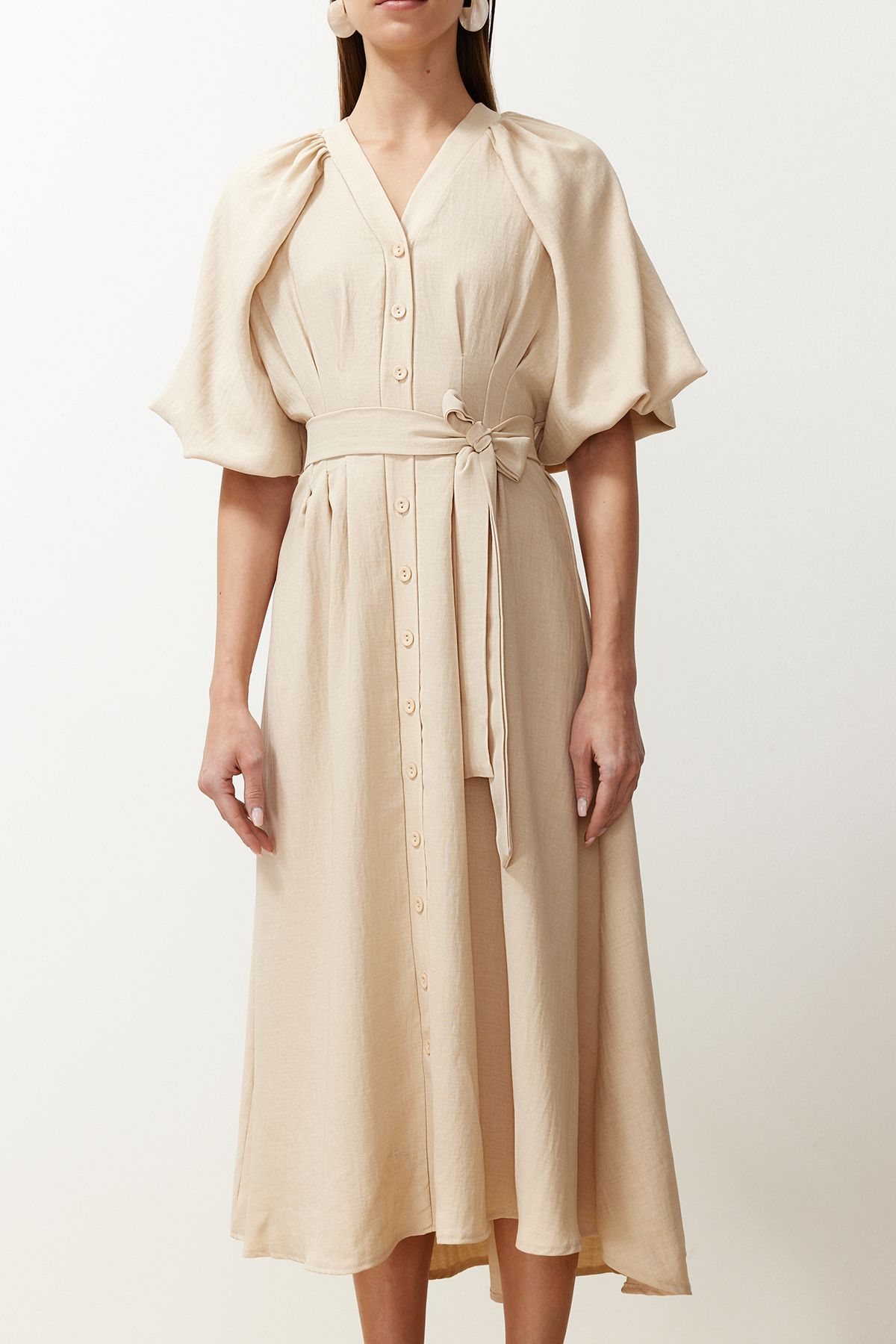 Trendyol Modest-Φόρεμα υφασμένο πουκάμισο με πέτρινο μισό μπαλόνι μανίκι TCTSS24EB00014 5